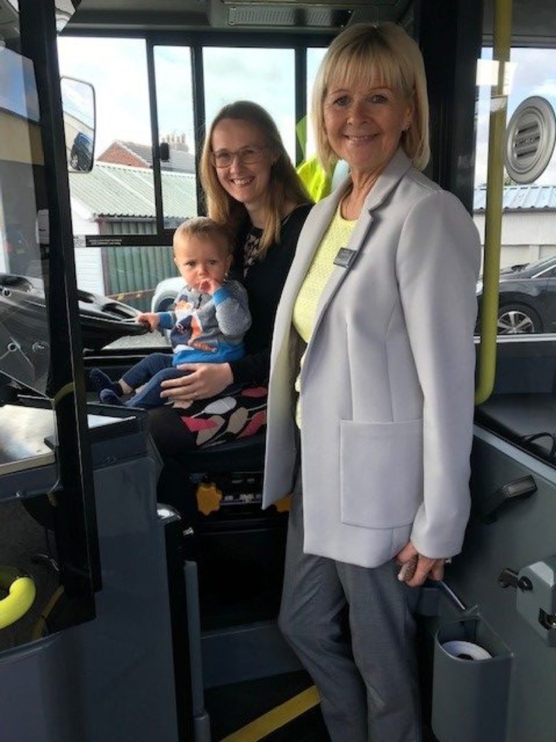 Cat with a tiny bus driver in-training and Jane Cole, MD of Blackpool Transport celebrate the return of the 2C Sunday bus service to Knott End and Over Wyre.