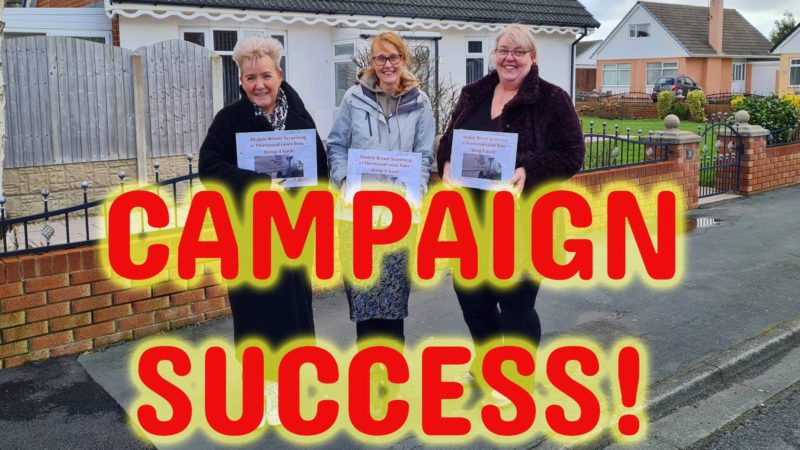 Cllr Lorraine Beavers, Cat Smith MP, and Cllr Cheryl Raynor petitioning for the return of the service