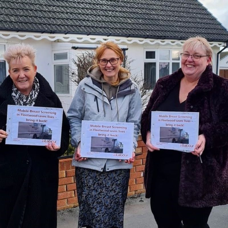 Cat campaigning to bring back the breast screening service to Fleetwood with Cllr Lorraine Beavers and Cllr Cheryl Raynor