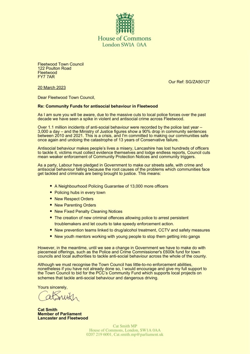 Cat writes to Fleetwood Town Council about antisocial behaviour