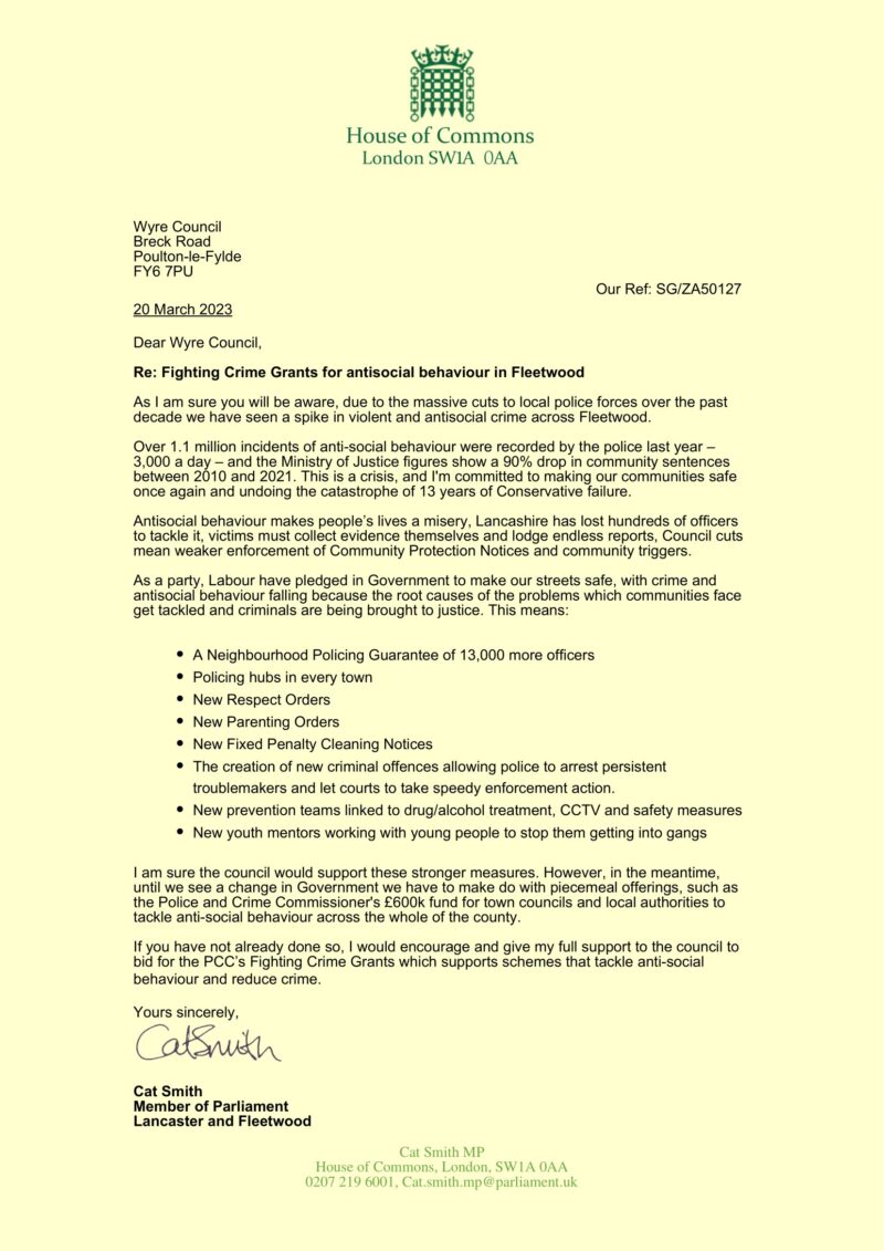Cat writes to Wyre Council about antisocial behaviour