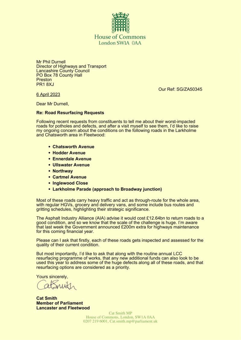 Cat writes to LCC about potholes