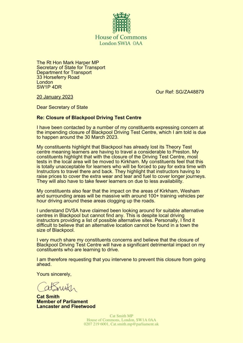 Cat asks Secretary of State to intervene and save Blackpool Test Centre