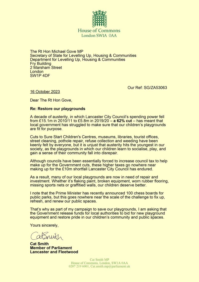 Cat writes to the Secretary of State for Playground Funding