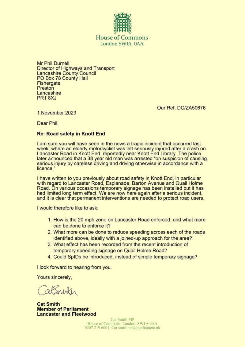 Cat writes to LCC about road safety in Knott End-on-Sea