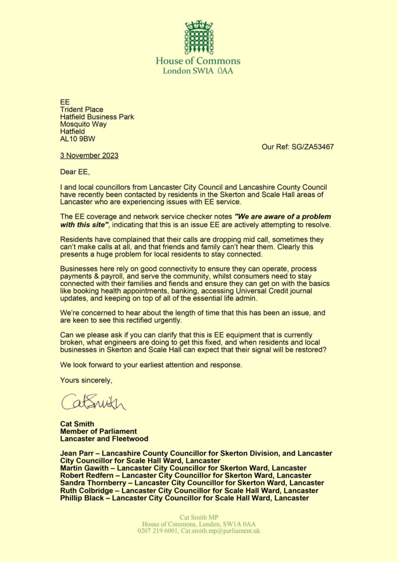 Cat and Councillors write to EE