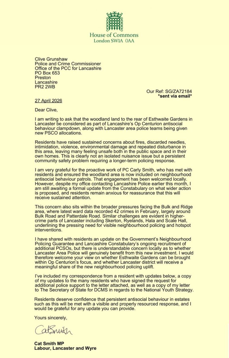 Letter to Lancashire