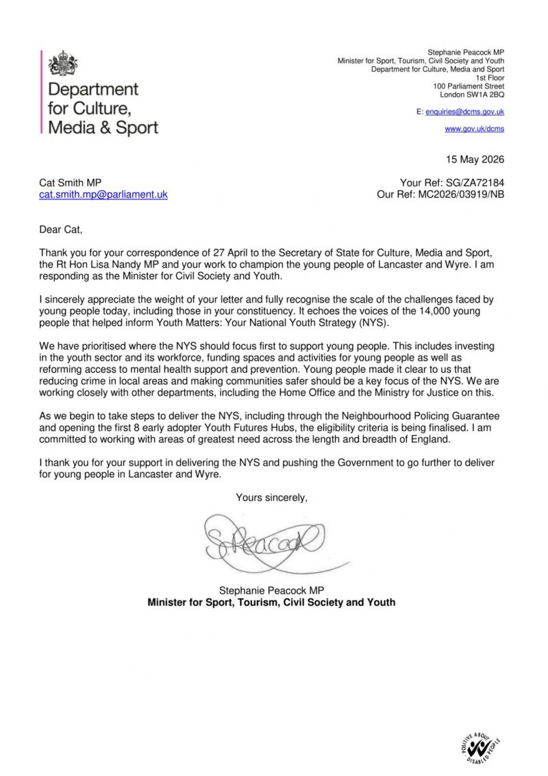 Letter from the Minister for Sport, Tourism, Civil Society and Youth